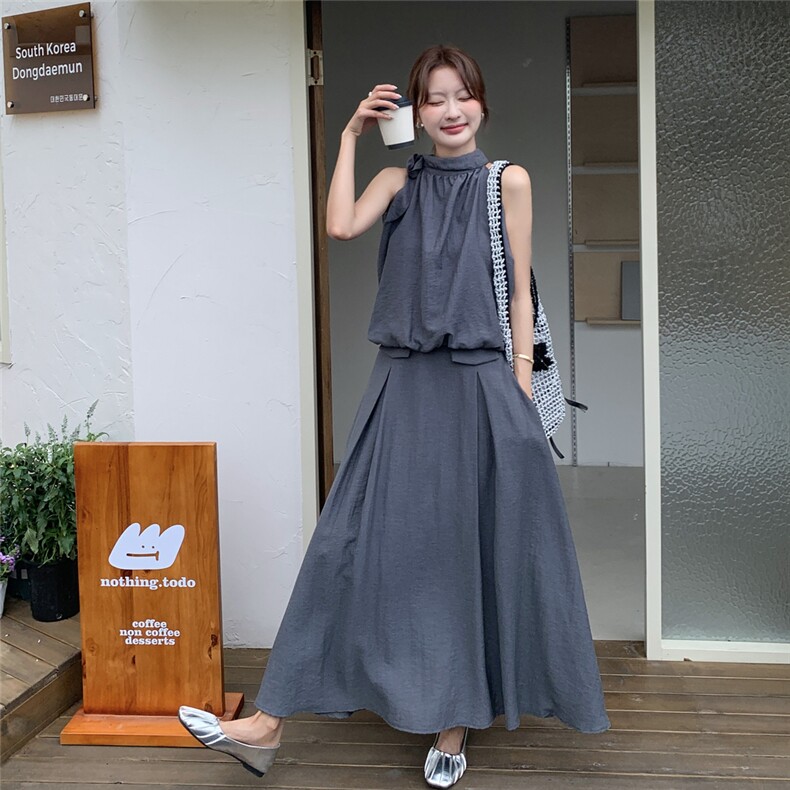 蝴蝶结挂脖收褶背心上衣+百褶a字裙两件套2C239-H79-P165K248,女装套装/套裙,2C239