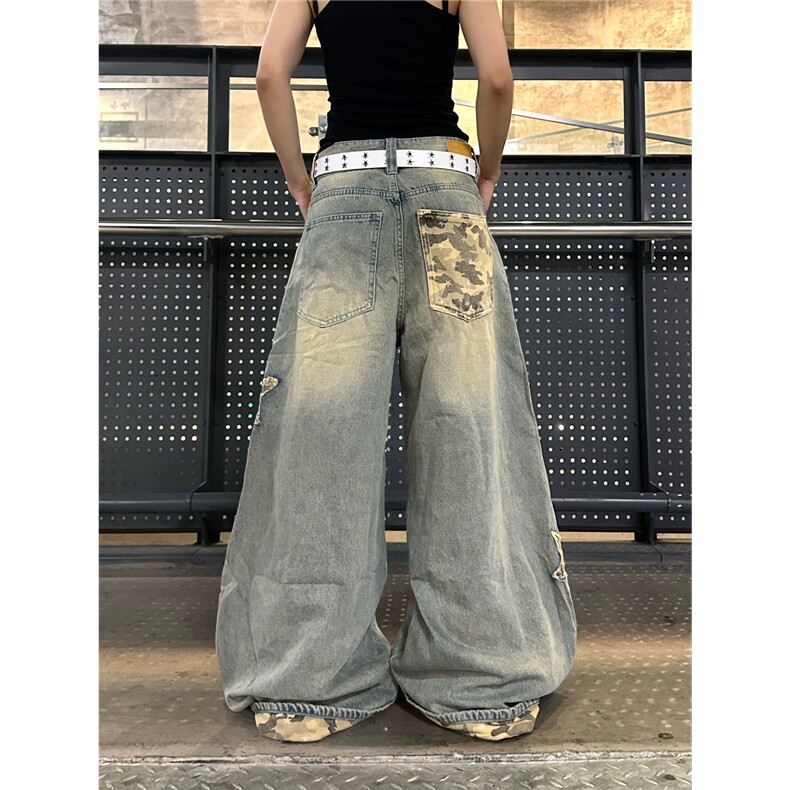 星星迷彩拼接弯刀牛仔裤新款阔腿宽松卷边拖地长裤子潮NZK1024,男装牛仔裤,星座516A