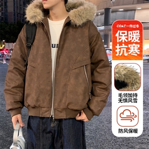 现货 扎染PU皮棉服男冬季加厚连帽棉衣座山雕大毛领外套M090-P120图片