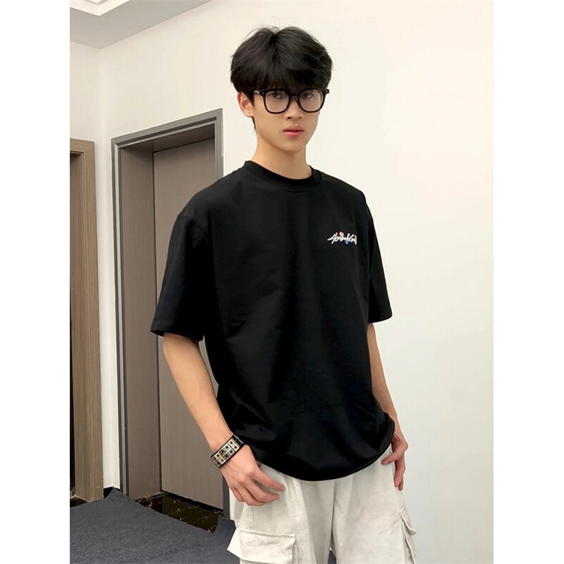 万针全刺绣工艺抖音得物高品质260克重磅纯棉双纱美式高街短袖T恤,男装T恤,电商A486