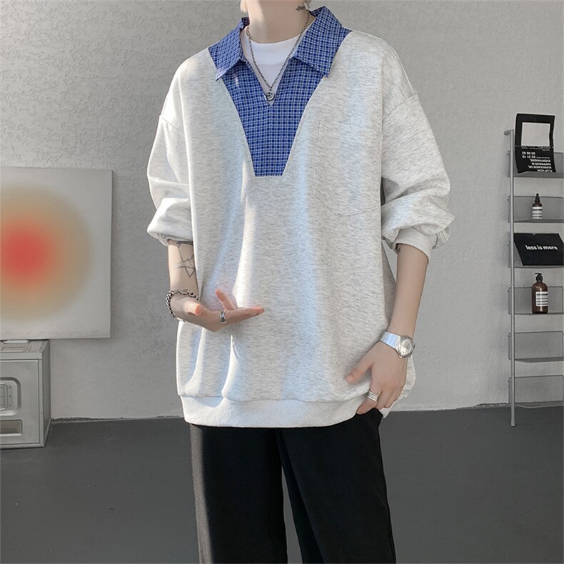 WY10153-特P48控88小众撞色面料拼接格子假两件大码男宽松卫衣,男装卫衣,电商A059