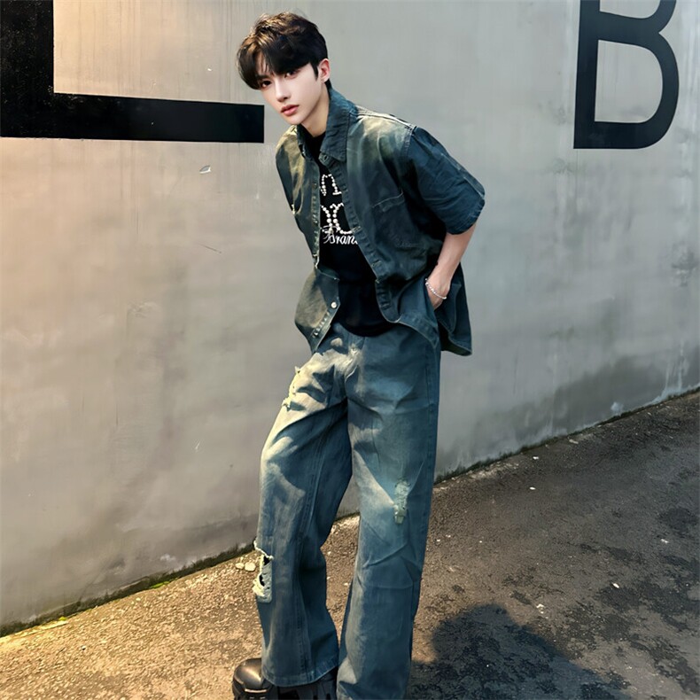 韩版简约破洞牛仔短袖夹克套装5520-套装P120上衣P65裤子P55,男装T恤,星座910-5