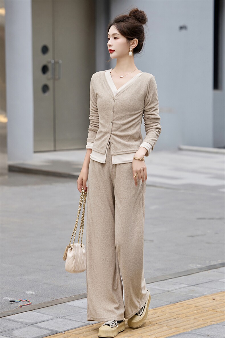 时尚修身显瘦假两件套装女2024春装长袖T恤+高腰阔腿长裤两件套,女装套装/套裙,江南女神