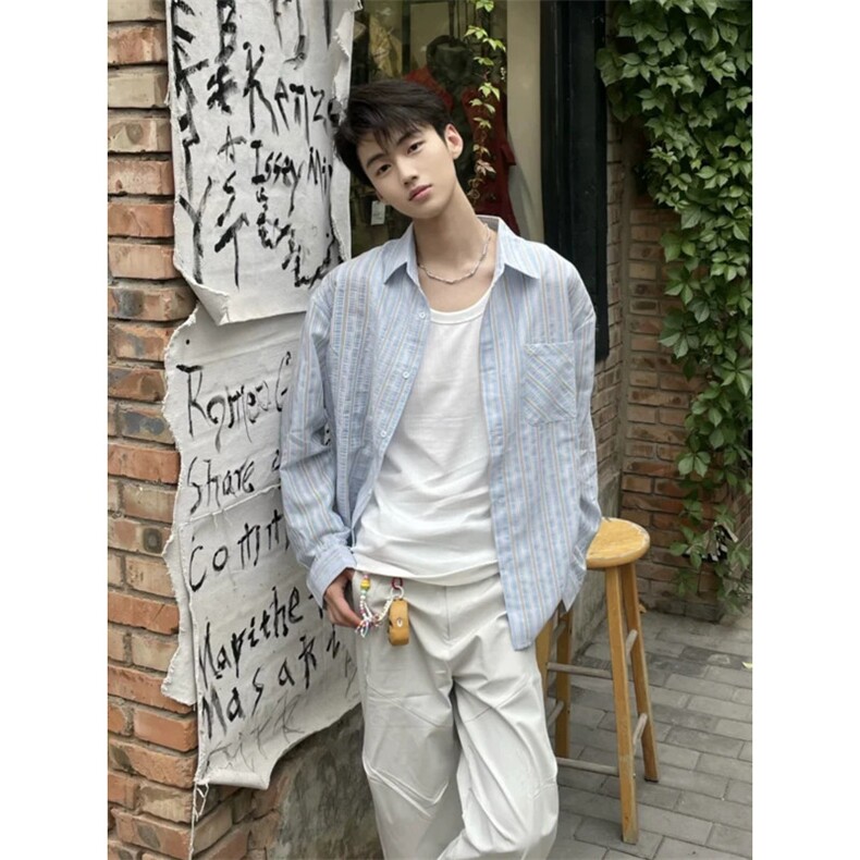 1506/GM1630/P44男装衬衫冬季新款时尚条纹翻领宽松休闲上衣,男装衬衫,星座1506A