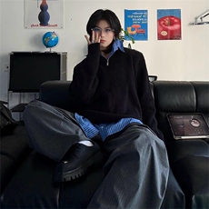 抖音得物保暖立领拉链针织外套秋冬宽松慵懒风纯色毛衣上衣AM01，男装针织衫/毛衣，电商A443