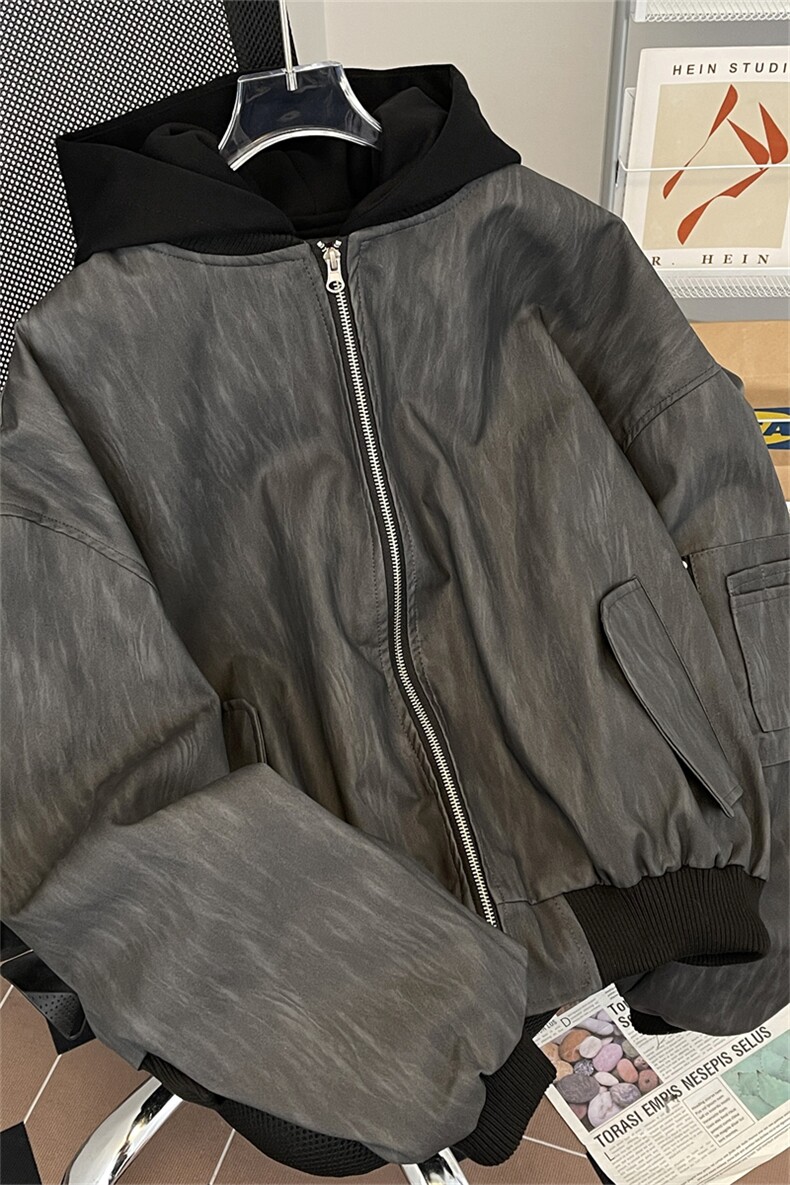 美式复古棒球服男女秋冬季宽松休闲短款连帽pu皮纹理夹克情侣外套,男装夹克,星座505-2（原电商A260-1)