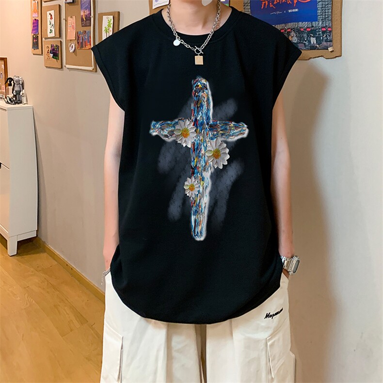 油画十字架美式花朵印花无袖T恤背心/马甲/坎肩XZ514-2-1291-P23,男装背心/马甲,星座514-2(原B239)