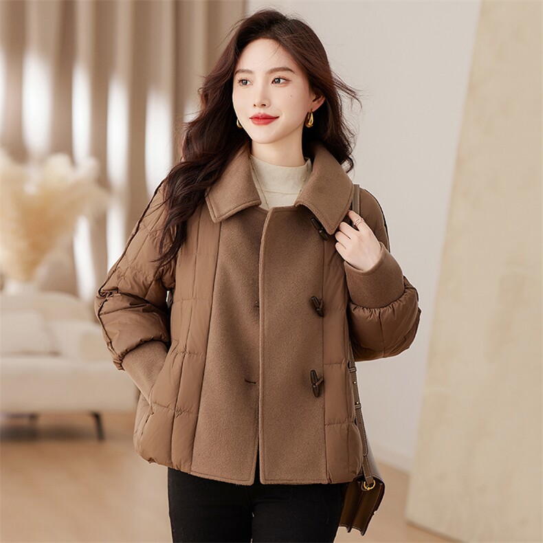 时尚毛呢拼接羽绒服女2023新款冬季宽松保暖白鸭绒短外套冬装,女装羽绒服,衣之秀
