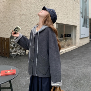 现货新款秋冬新款针织连帽拼接长袖羊绒外套女短款双面羊绒大衣潮图片
