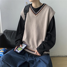 秋装日系港风复古毛衣针织马甲男女潮ins宽松百搭无袖V领W09/P55，男装针织衫/毛衣，电商A221A