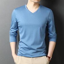 男士长袖t恤秋季新款纯棉v领POLO衫中年休闲体恤打底衫男装，男装T恤，电商B212（原钱塘6029）