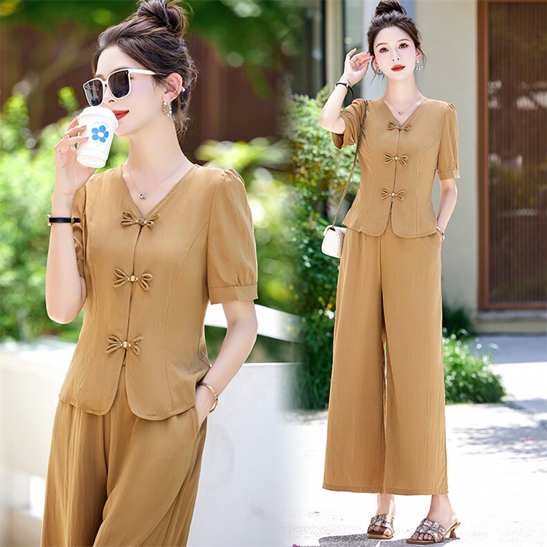 新中式阔腿裤套装女夏季2025新款气质V领盘扣衬衫直筒裤子两件套，女装套装/套裙，姿衣坊