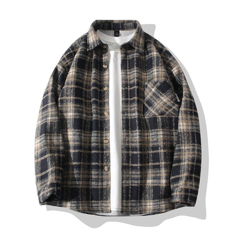 B413-1-DX501春秋季毛呢格子长袖衬衫男女休闲潮流宽松百搭外套，男装衬衫，电商B413-1