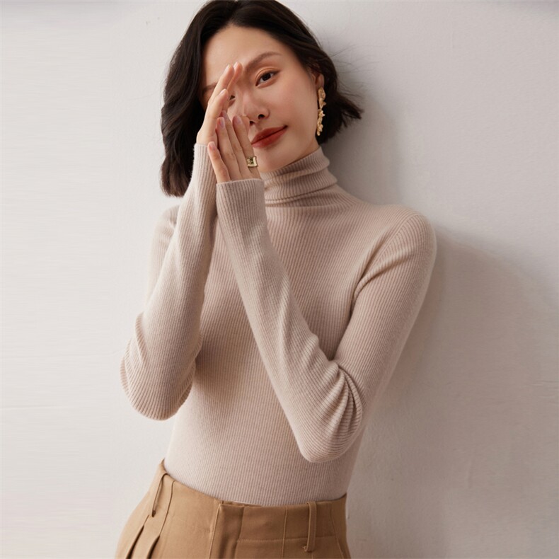 秋冬新款洋气时尚百搭显瘦女款精纺一线成衣高领35%羊绒衫,女装羊绒衫,艾巧羊绒