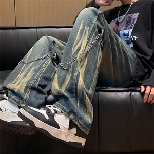 新款日系水洗牛仔裤男春秋季宽松直筒裤拉链阔腿裤N01041-P45图片