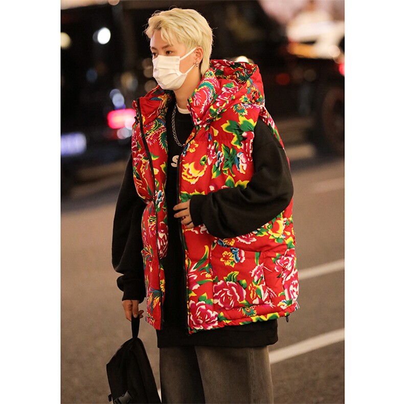 M4风东北大花棉马甲外套大码宽松秋冬汉服外衣坎肩背心连帽,女装马甲,星座115A(原星座507）