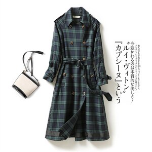 现货2022春秋新款韩版格子中长款撞色包边风衣外套女，女装风衣，艾乐芳
