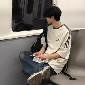 夏季美式高街重磅纯棉三条杠织带撞色男女短袖T恤ZD629-特P30图片