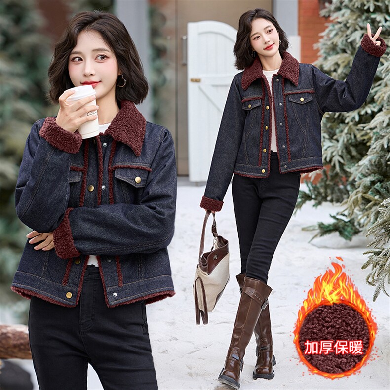 时尚拼接翻领加绒牛仔外套女2024年冬季新款ins潮高级感百搭棉衣，女装牛仔外套，潮流依族