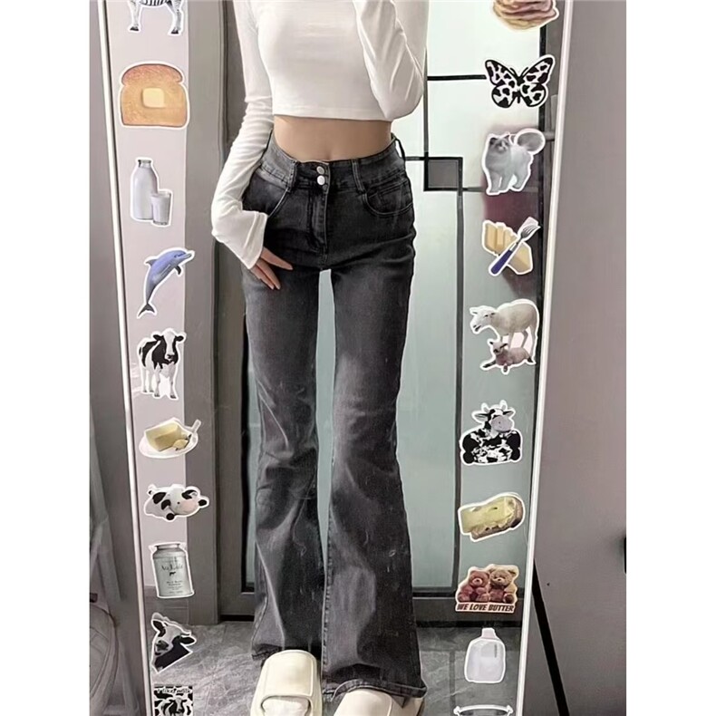 港风高街黑灰色牛仔裤女ins潮流春秋新款百搭显瘦阔腿微喇拖地裤,男装牛仔裤,星座506A