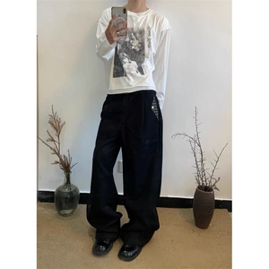 现货 自制致雅格纹 拼接抽绳休闲通勤直筒阔腿宽松卫裤长裤图片