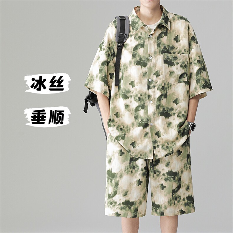 夏新滑料凉感冰丝垂感短袖衬衫短裤男大码薄款两件套装TZ085-P60图片