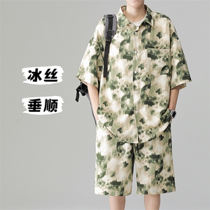 夏新滑料凉感冰丝垂感短袖衬衫短裤男大码薄款两件套装TZ085-P60图片