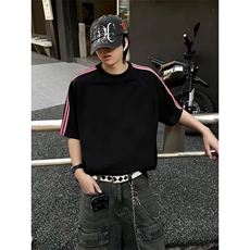 抖音得物品质二开240克宽松纯棉美式潮牌印花三条杠中性风短袖T恤，男装T恤，电商A486