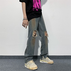 牛仔裤男夏季做旧复古高街裤子暗黑破洞直筒休闲裤N01453-P45，男装牛仔裤，星座308B-2
