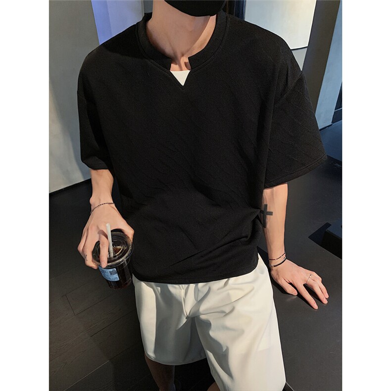 图260克玉米粒提花波浪纹夏季潮流V领短袖T恤男士半袖P33,男装T恤,电商C306-1