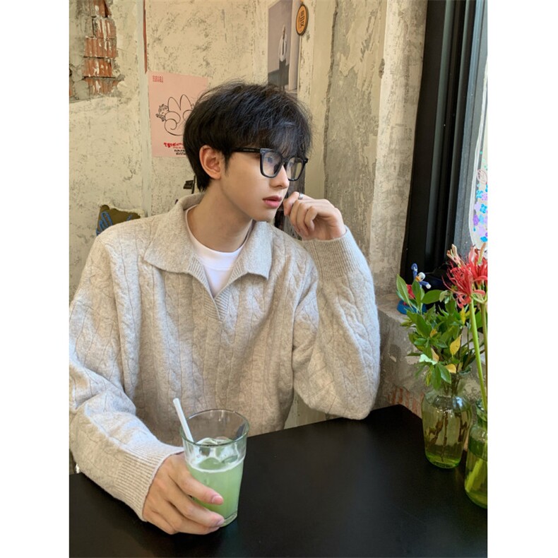 现货】老钱风翻领麻花毛衣POLO领针织衫M8613-P55，男装Polo衫，星座1212