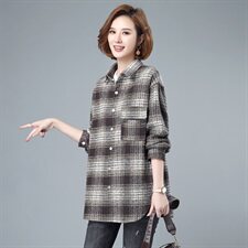 2021春秋季新款女装大码宽松加厚格子长袖衬衫中长款休闲衬衣上衣，女装衬衫，伊满意