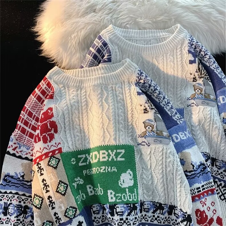 2023年秋冬季潮牌宽松慵懒风毛衣男圆领日系ins保暖针织衫图片
