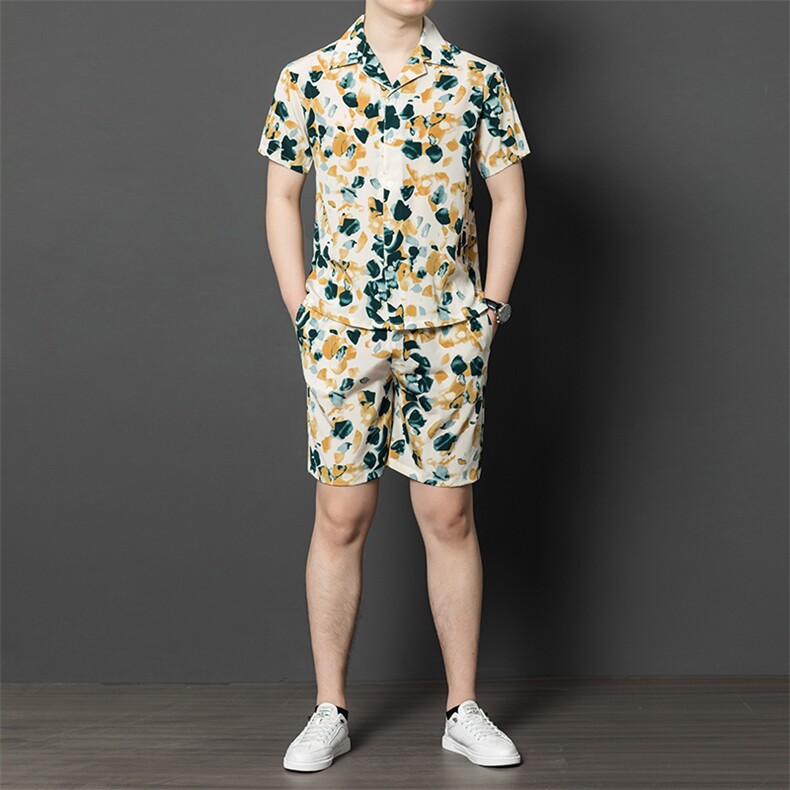 夏款短袖短裤薄款绸缎两件套男休闲高端潮套装，男装休闲套装，钱塘6003B