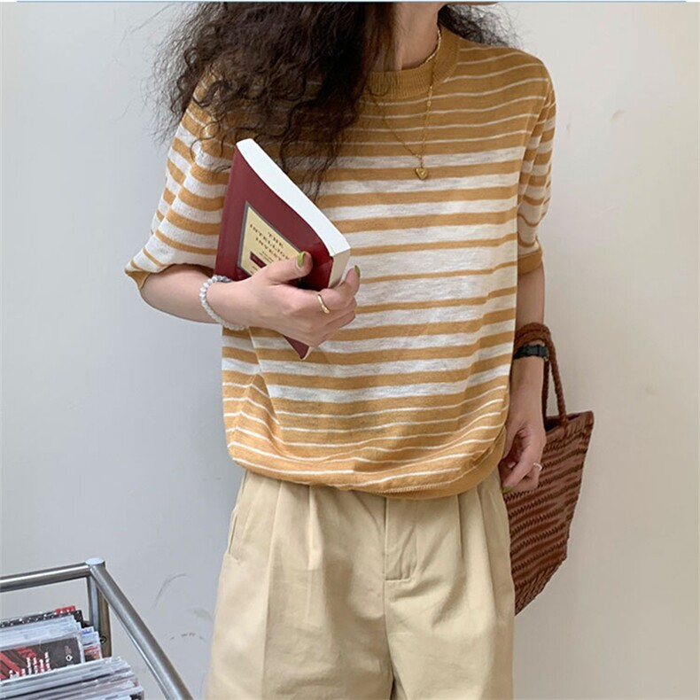 2025年夏季常规不连帽通勤条纹时尚百搭短袖,女装T恤,贝美羊绒