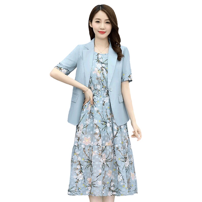 2023夏季新款简约时尚休闲西装外套+圆领花色连衣裙两件套,女装套装/套裙,然然