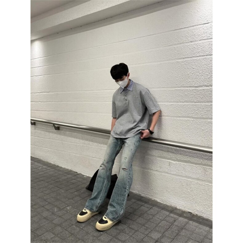 小众设计感假两件polo衫短袖男款夏季高街痞帅拼接t恤男装半袖潮,男装Polo衫,星座506A