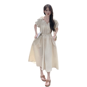 【新款】中长款杏色短泡泡袖套头连衣裙1C042-P135-K205图片