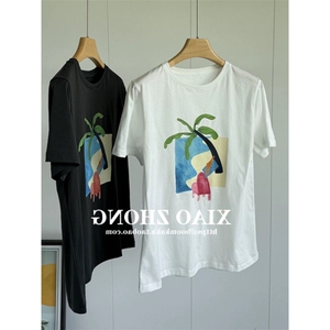 T0663-P25 小清新椰树沙滩夏日专享纯棉印花短袖宽松大码百搭上衣图片