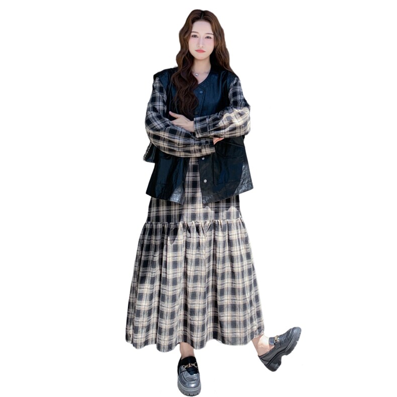 韩系休闲复古皮衣马甲两件套连衣裙女秋一整套穿搭显瘦格子长裙,女装套装/套裙,2C093