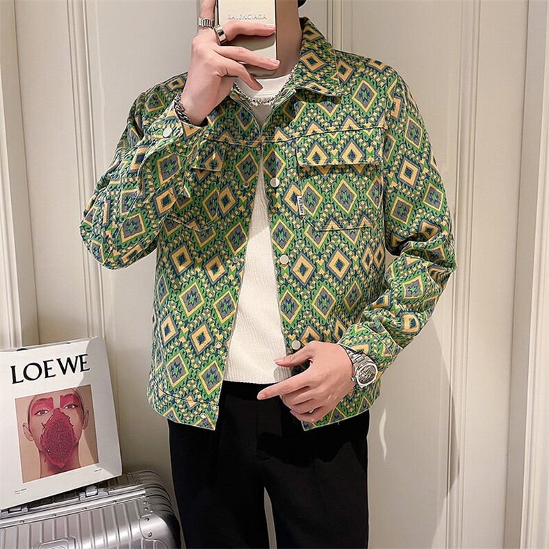 2025春季新款水洗男士牛仔夹克痞帅小伙个性提花印花图案外套，男装夹克，电商A225