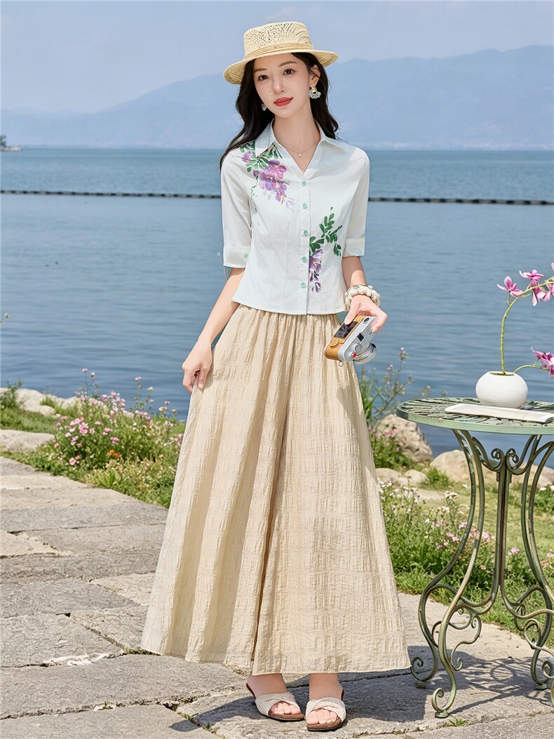 轻熟风时尚小翻领印花衬衫套装女2026夏气质上衣裙裤两件套,女装套装/套裙,水衣源