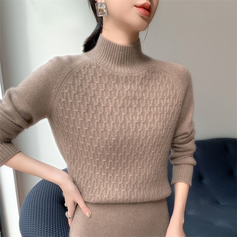 2024秋冬新款羊绒女士华夫格半高领35%羊绒衫,女装羊绒衫,纳丰羊绒