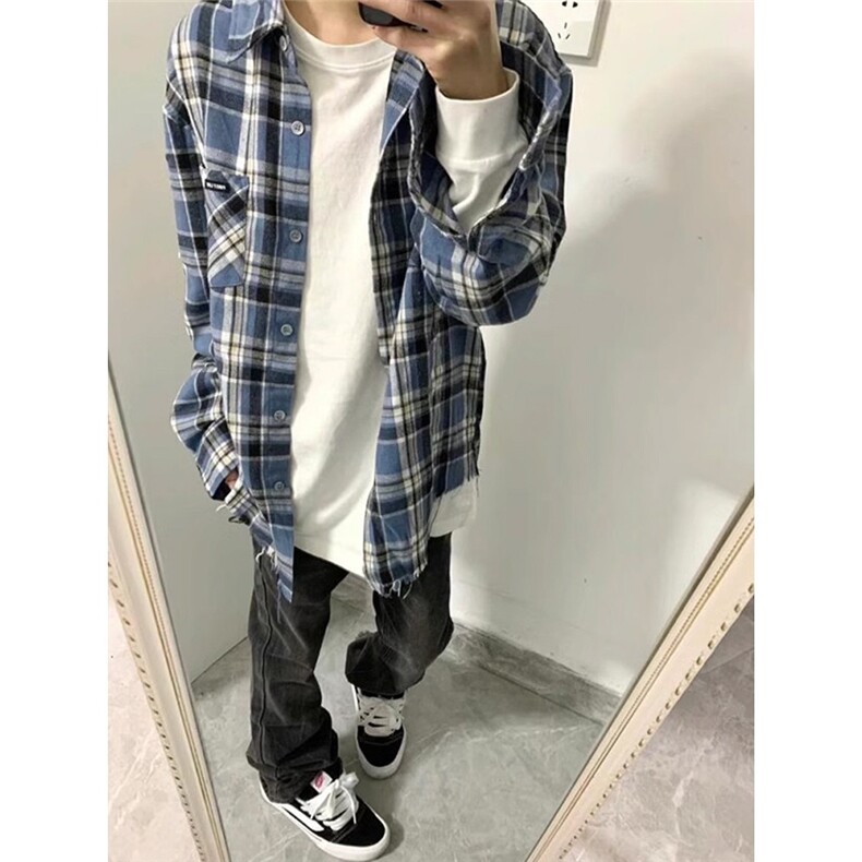 美式潮牌复古长袖衬衫男女春季新款学生格子外穿衬衣LWC088-P35,男装衬衫,星座1008