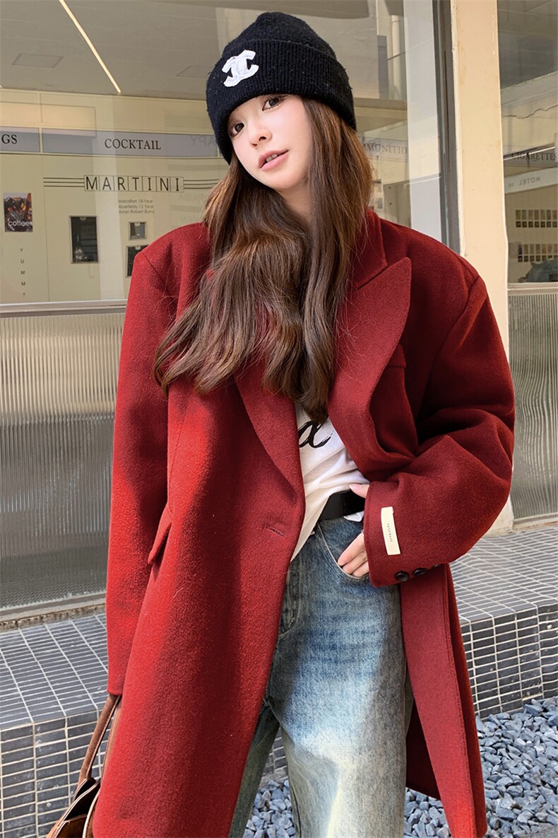 红色毛呢西装外套女高级感2025秋冬新款中长款毛呢西服小个子大衣,女装毛呢外套,2C085