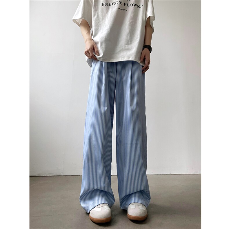 慵懒风~清爽蓝色条纹速干宽松直筒休闲裤2XZ502-K743-P55控79,男装休闲裤,星座502