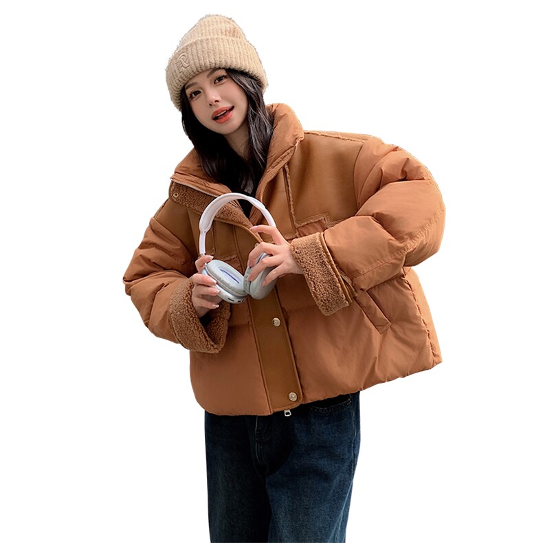 长袖立领直筒型常规拉链2026年冬季白鸭绒插肩袖PU拼接羽绒服,女装羽绒服,微微衣阁