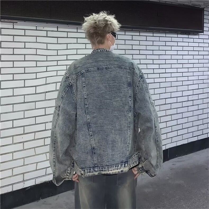 小众复古水洗做旧垫肩牛仔外套男宽松金属设计立领夹克潮男JN1224,男装工装外套,星座302B