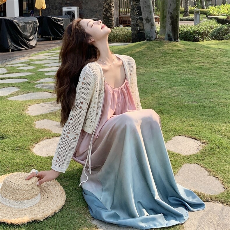 高级感渐变吊带连衣裙套装女2025夏新款度假风镂空开衫长裙两件套,女装套装/套裙,2C057