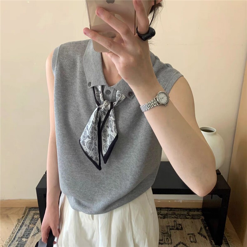 夏季新款简约天丝麻POLO领丝巾无袖女宽松百搭显瘦时尚休闲上衣,针织衫/毛衣,臻纶羊绒